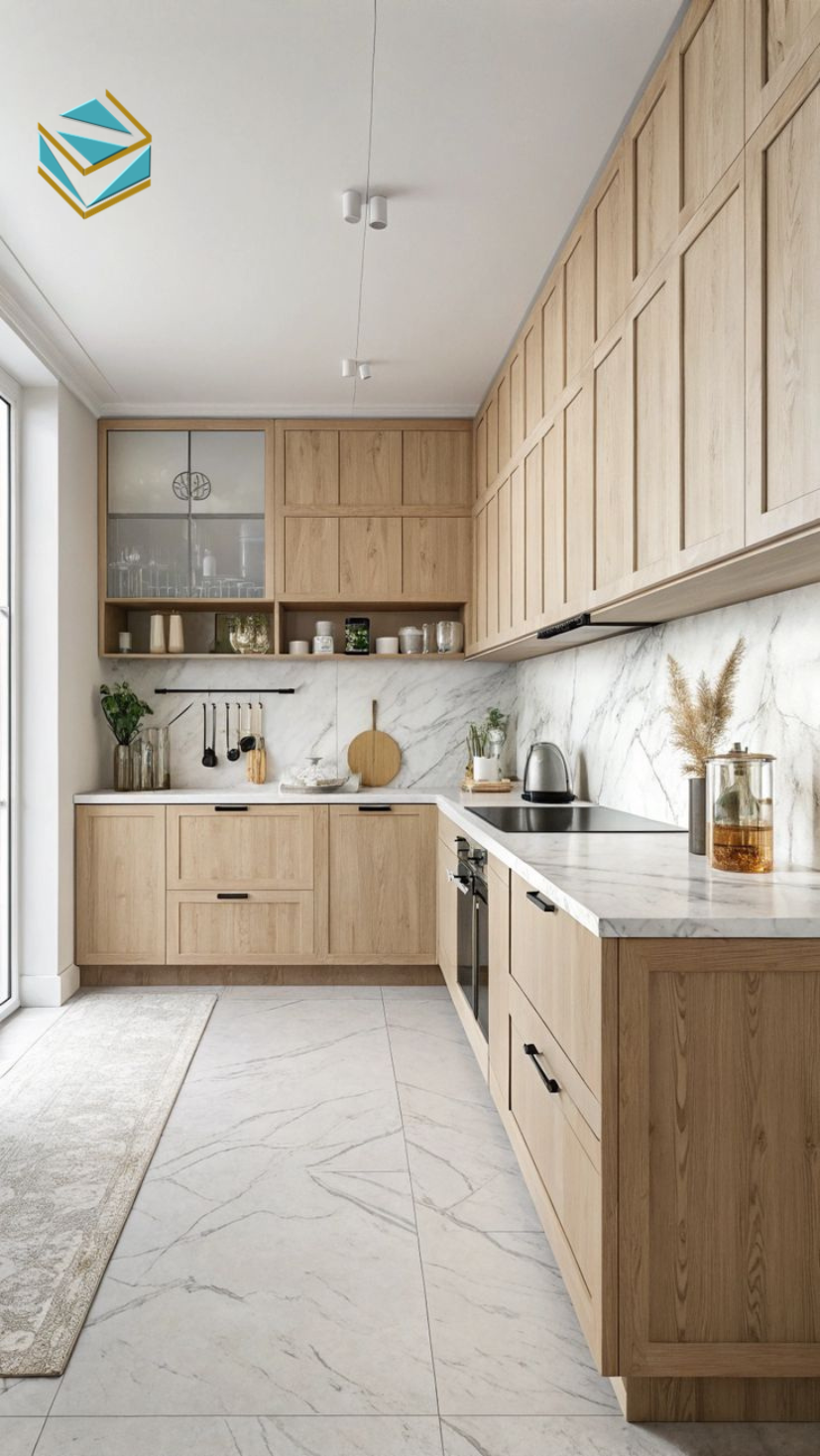 Tủ bếp gỗ công nghiệp cho chung cư được thiết kế gọn gàng, bố trí công năng khoa học và tiết kiệm diện tích.