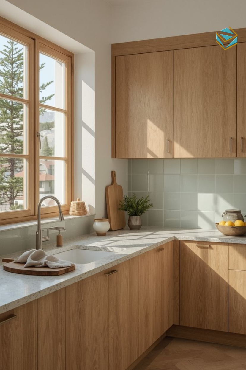 Tủ bếp gỗ công nghiệp MDF lõi xanh giúp hạn chế ẩm mốc, cong vênh, sử dụng bền bỉ trong môi trường bếp.