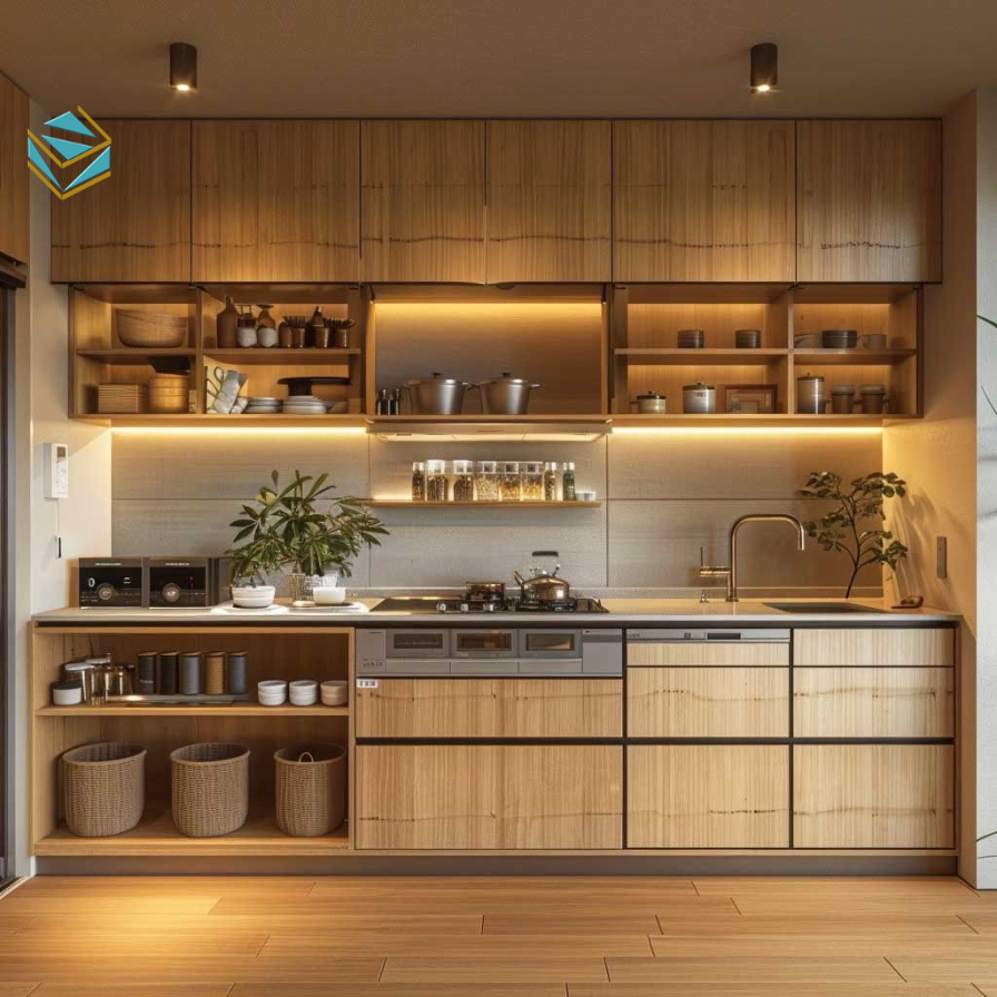 Tủ bếp gỗ công nghiệp tích hợp giá bát nâng hạ, ray trượt giảm chấn giúp sử dụng dễ dàng và gọn gàng.