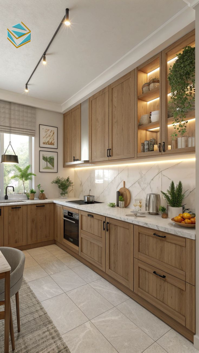 Mẫu tủ bếp gỗ công nghiệp thiết kế hiện đại, bề mặt phẳng, dễ vệ sinh và tối ưu chi phí cho gia đình.