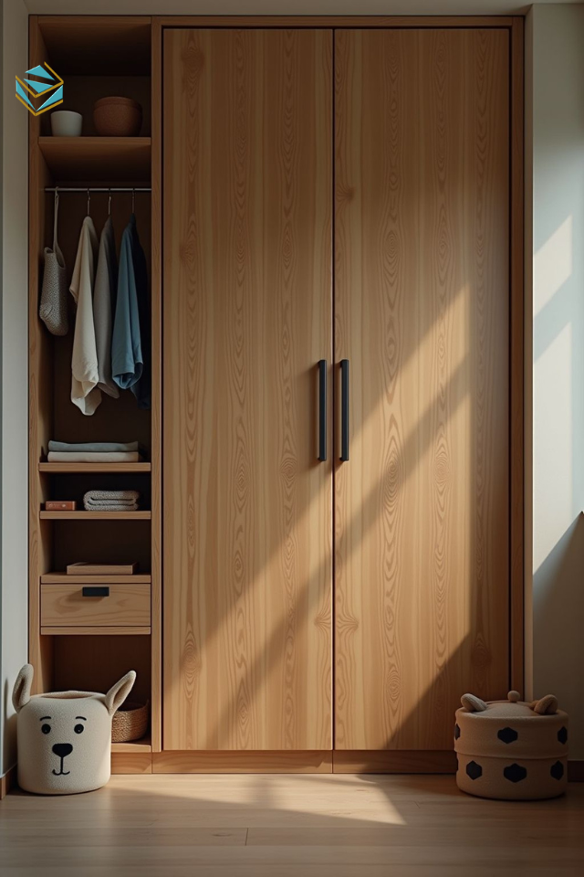 Mẫu tủ quần áo gỗ tự nhiên hai màu kết hợp trắng – vân gỗ tạo điểm nhấn hiện đại. Phù hợp phòng ngủ trẻ trung và các thiết kế tủ quần áo hiện đại.