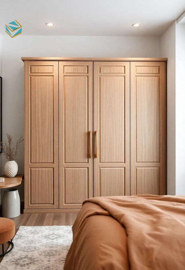 Mẫu tủ quần áo gỗ tự nhiên phong cách Japandi 2026 kết hợp giữa tối giản Nhật Bản và hiện đại Bắc Âu. Gam màu trung tính tạo cảm giác ấm cúng, phù hợp xu hướng nội thất 2026.