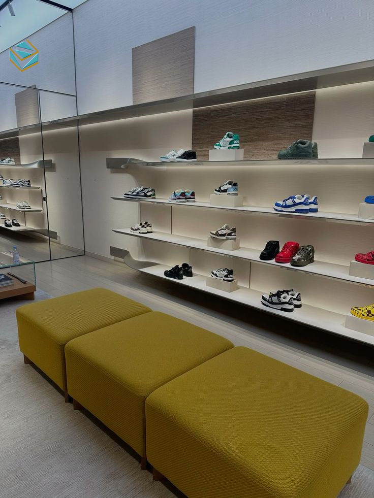 Thi công shop giày dép tối ưu luồng di chuyển khách hàng, đảm bảo khoảng cách tiêu chuẩn và tăng thời gian lưu lại cửa hàng.