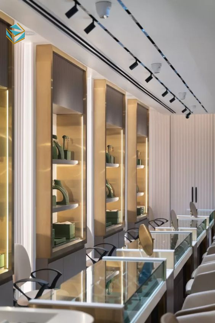 Thi công nội thất shop đồng hồ với hệ tủ kính âm tường tối ưu diện tích và tạo sự tinh tế cho cửa hàng đồng hồ cao cấp.