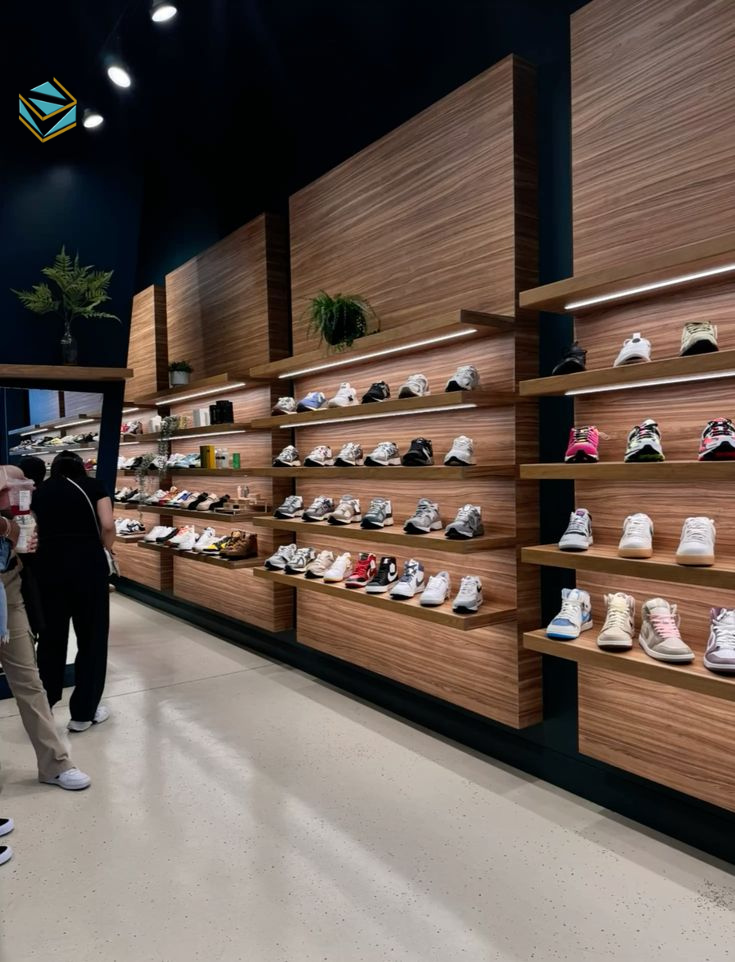 Hệ thống kệ trưng bày đa năng hỗ trợ sắp xếp giày thể thao, phụ kiện tập gym và bóng thể thao gọn gàng.