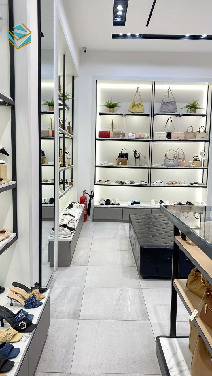 Hệ kệ module linh hoạt, dễ thay đổi bố cục khi cần, phù hợp mô hình thi công shop giày dép nhỏ gọn và tiết kiệm chi phí.