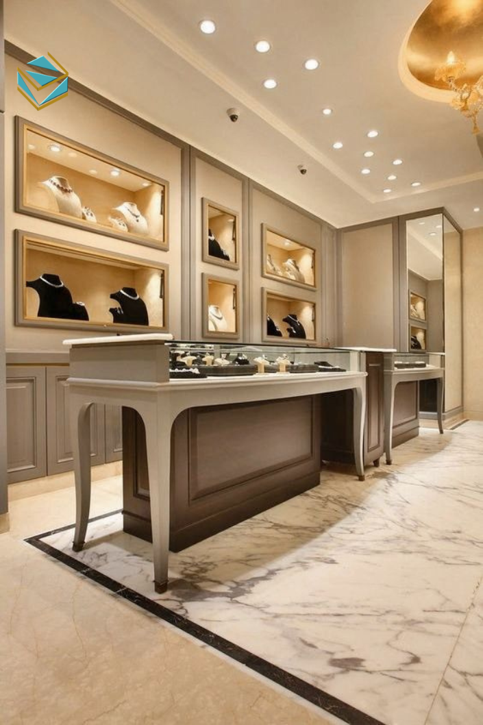 Thi công shop đồng hồ cao cấp với vật liệu inox mạ, veneer và kính cường lực giúp nâng tầm thương hiệu.