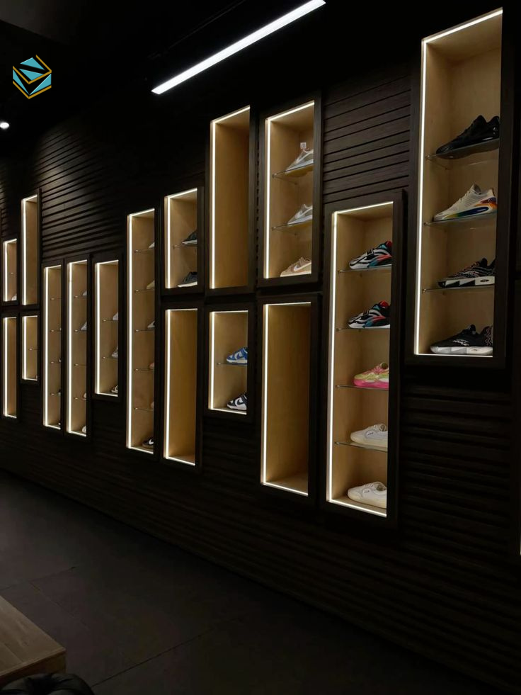 Thiết kế cửa hàng thể thao nhỏ với kệ trưng bày đa năng và ánh sáng hiện đại giúp không gian rộng rãi hơn.