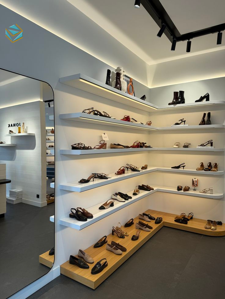 Thiết kế shop giày dép cao cấp sử dụng MDF chống ẩm kết hợp kính cường lực, mang đến hình ảnh chuyên nghiệp và bền vững.