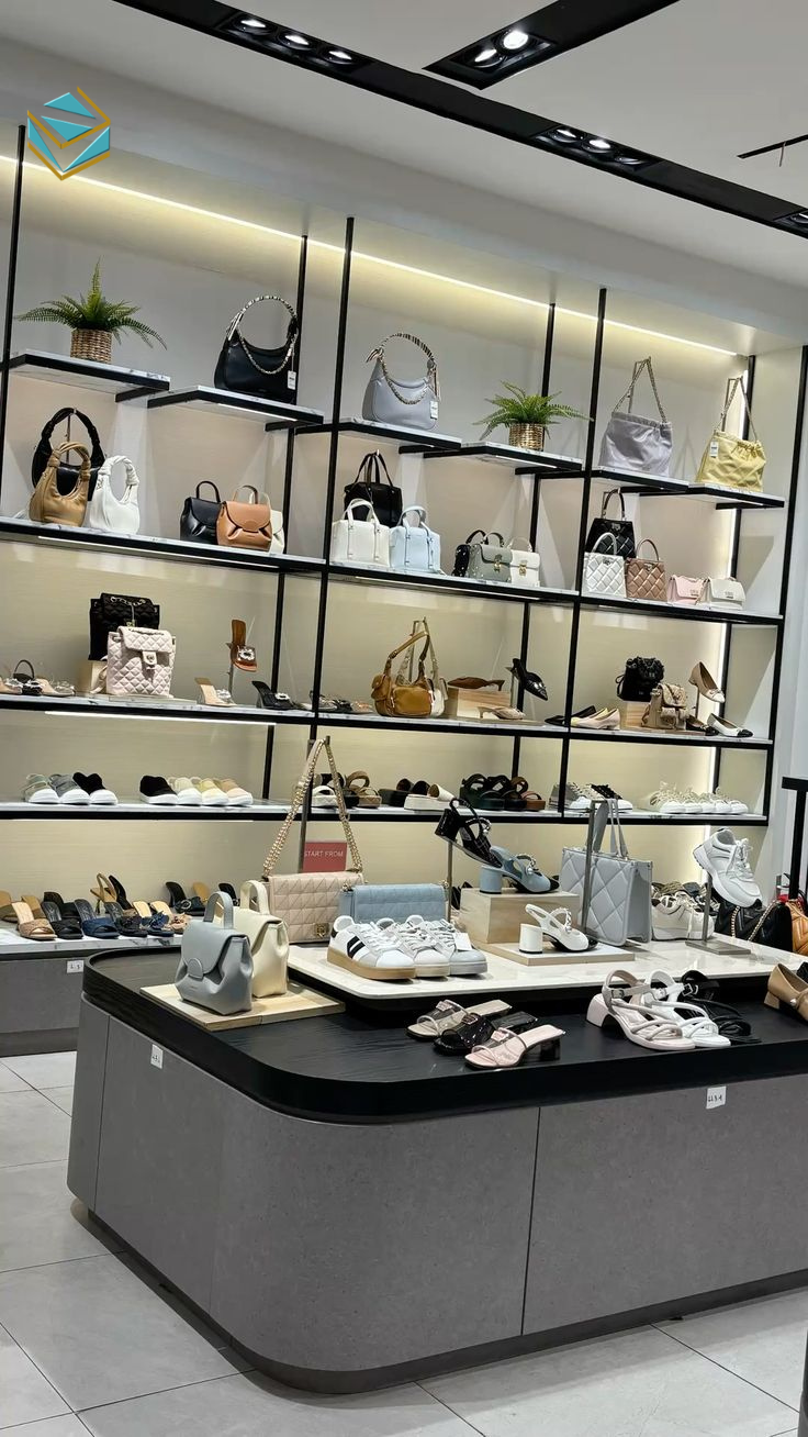 Thiết kế nội thất shop giày dép minimalism tập trung vào công năng, giảm chi tiết thừa và làm nổi bật từng đôi giày.