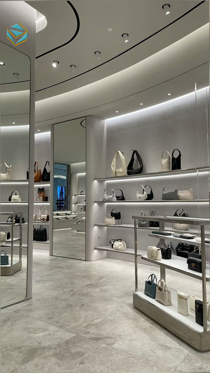 Thi công shop túi xách nhỏ gọn với bố cục thông minh và ánh sáng tập trung. Thiết kế giúp tối ưu diện tích, phù hợp cửa hàng túi xách thời trang quy mô nhỏ.