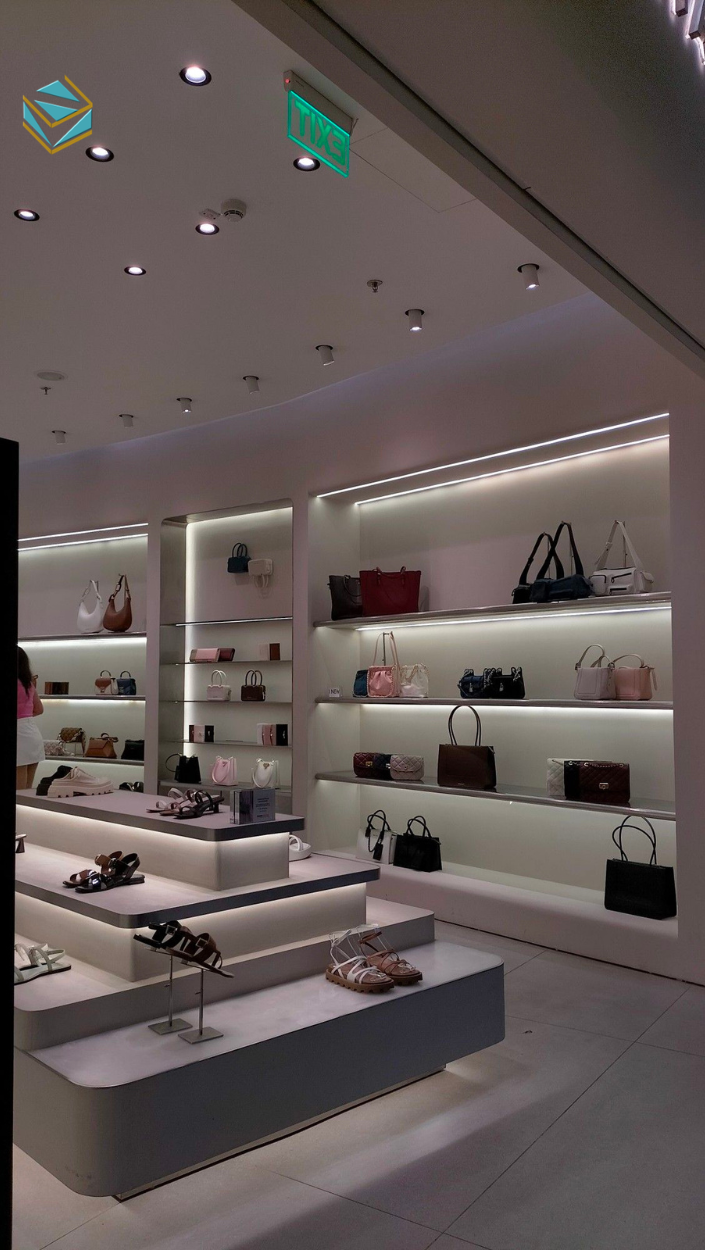 Kệ trưng bày túi xách sử dụng khung inox mạ vàng kết hợp kính cường lực. Giải pháp thi công shop túi xách này mang lại vẻ sang trọng và tăng độ bền lâu dài.