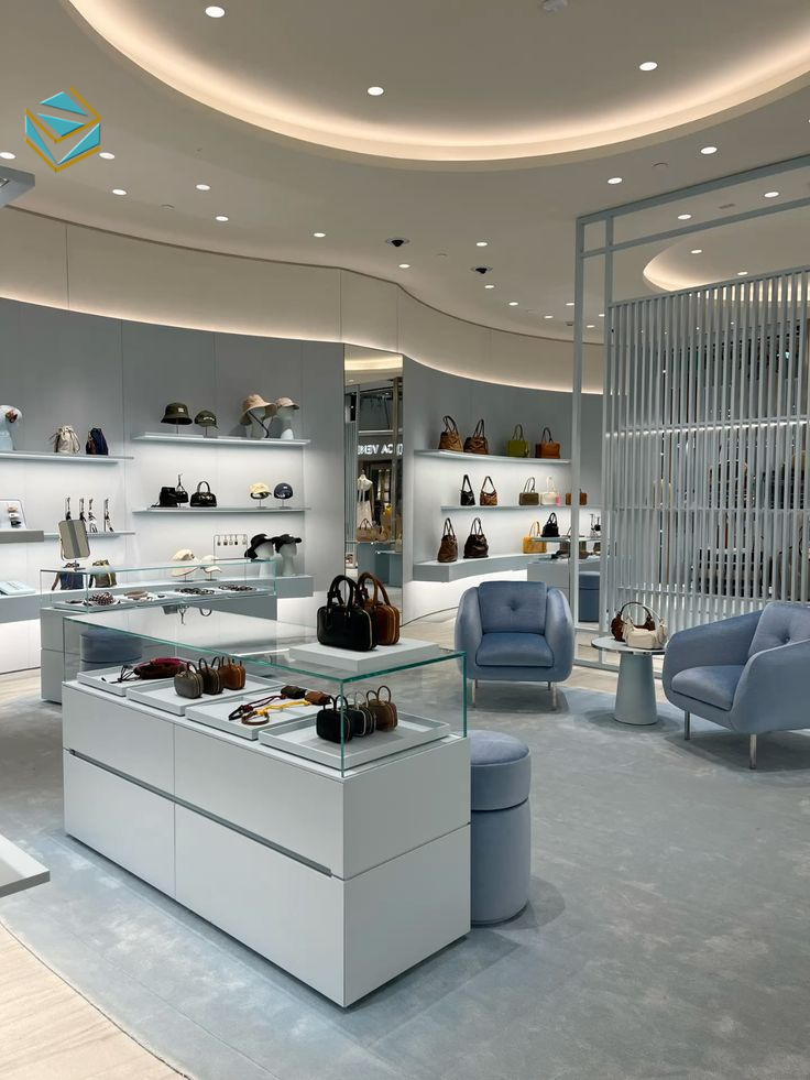 Hệ thống ánh sáng shop túi xách được bố trí chuẩn kỹ thuật, kết hợp đèn rọi và đèn hắt trần. Giải pháp thi công nội thất shop túi xách này giúp tăng chiều sâu không gian và nâng tầm sản phẩm.