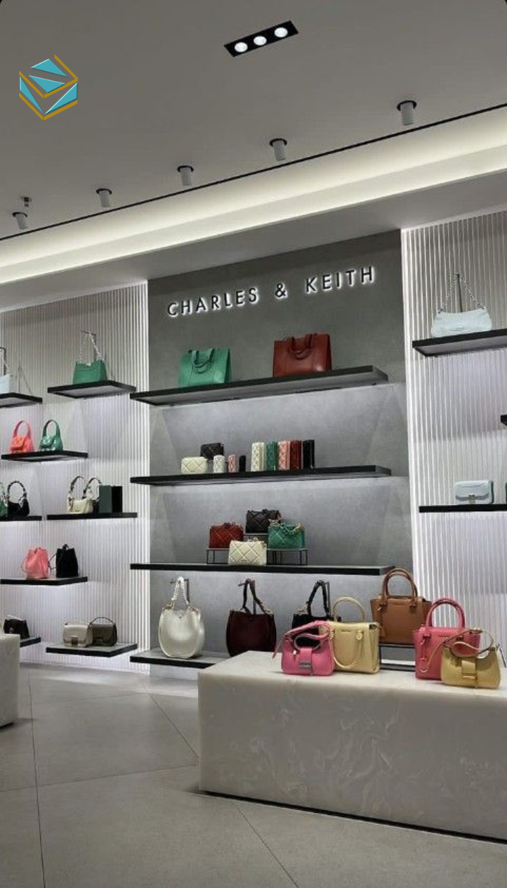 Thi công nội thất shop túi xách sử dụng gỗ MDF lõi xanh chống ẩm, kết hợp sơn PU cao cấp. Vật liệu đảm bảo độ bền và tính thẩm mỹ lâu dài.