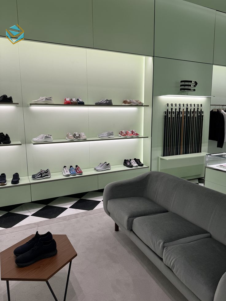 Giải pháp thi công nội thất shop giày dép bố trí kệ sát tường, lối đi rộng rãi và ánh sáng 4000K giúp sản phẩm nổi bật, tăng trải nghiệm mua sắm.