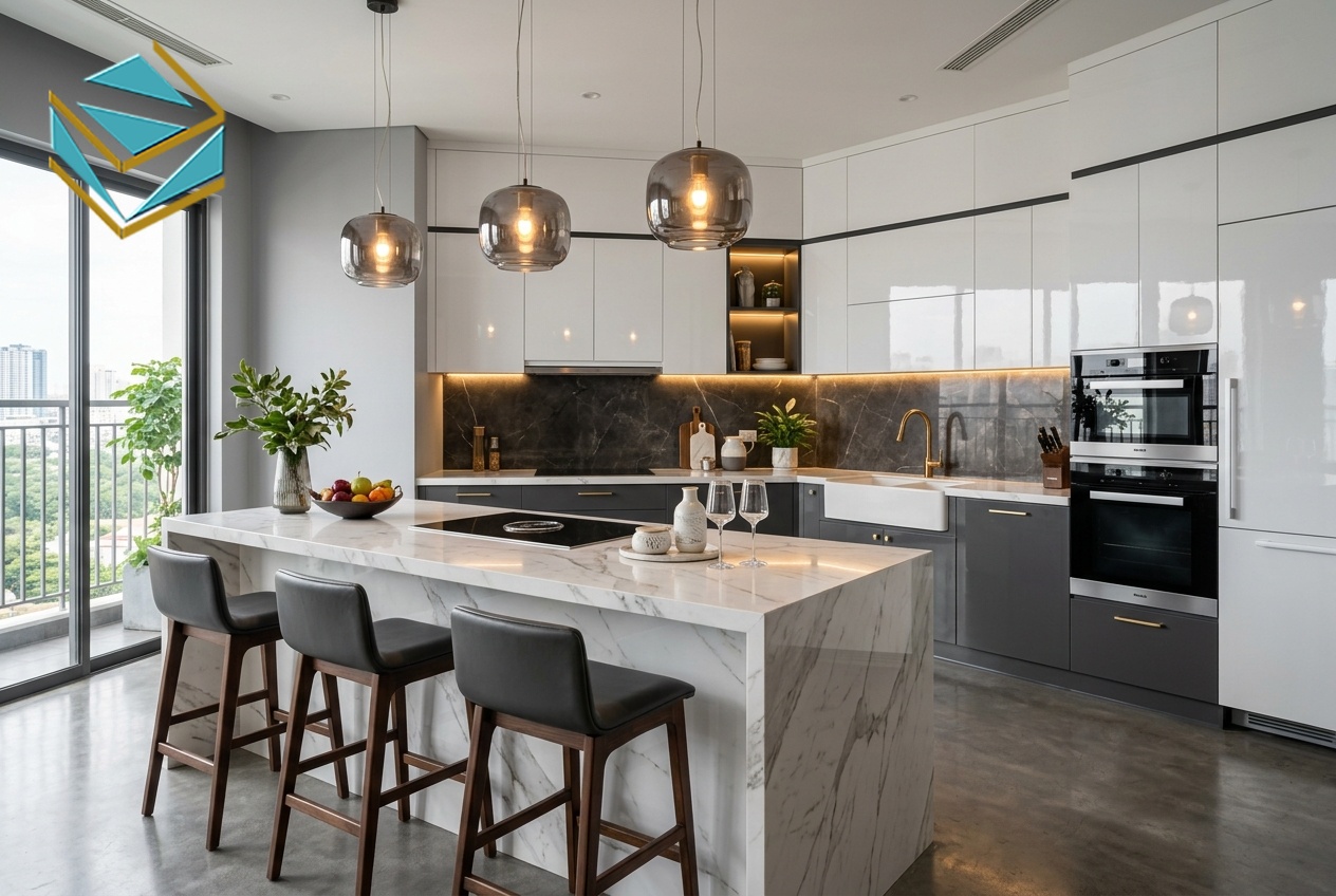 mẫu tủ bếp acrylic chữ l có bàn đảo bếp cao cấp nam việt