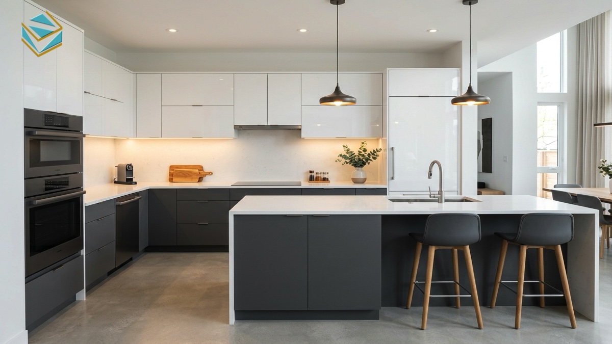 chi tiết cánh tủ bếp acrylic chữ l bóng gương an cường không đường line