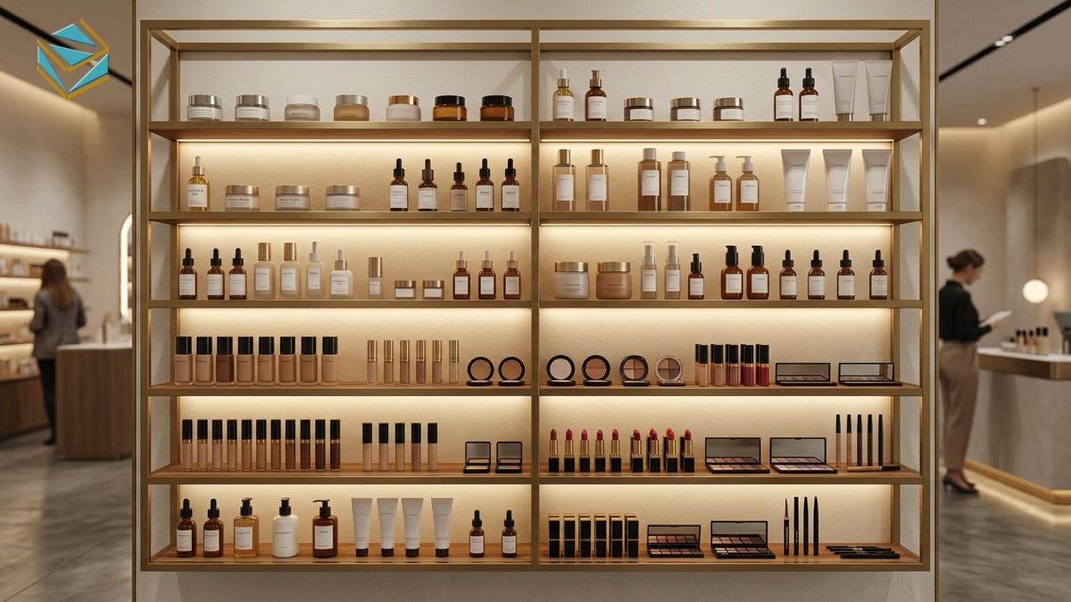 mẫu kệ trưng bày shop mỹ phẩm khung kim loại mạ vàng gỗ mdf nam việt