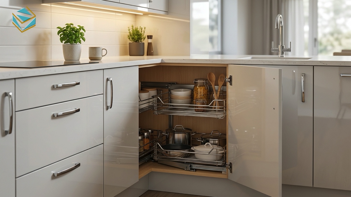 phụ kiện mâm xoay góc inox 304 thông minh cho tủ bếp acrylic chữ l