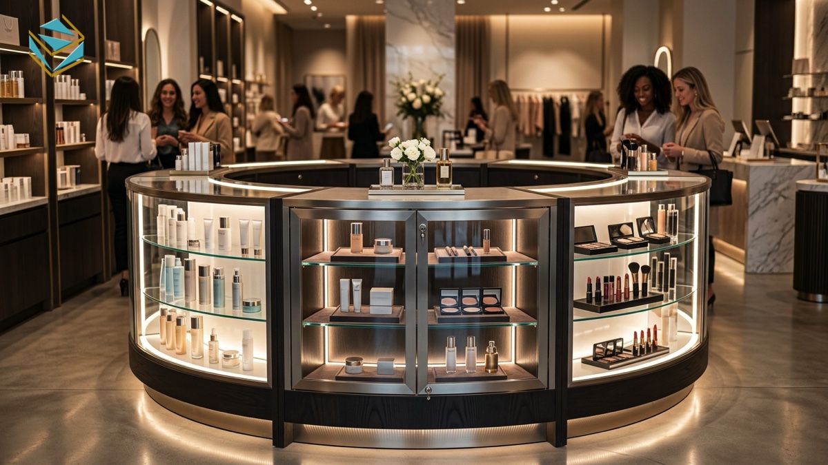 tủ kệ trưng bày shop mỹ phẩm dạng đảo trung tâm kính cường lực có khóa nam việt