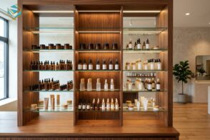 kệ trưng bày shop mỹ phẩm bằng gỗ mdf an cường tích hợp đèn led hắt sáng nội thất nam việ