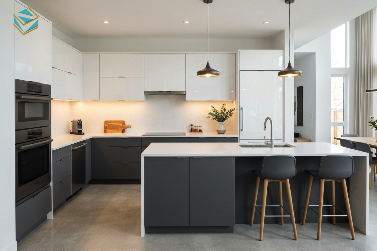 tủ bếp acrylic chữ l an cường hiện đại tối ưu diện tích nội thất nam việt