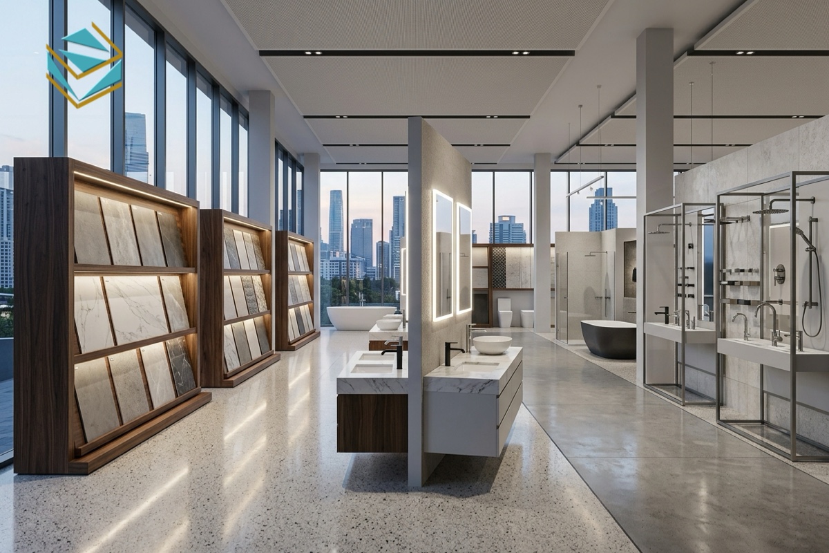 Phối cảnh tổng thể thiết kế thi công showroom thiết bị vệ sinh và gạch ốp lát