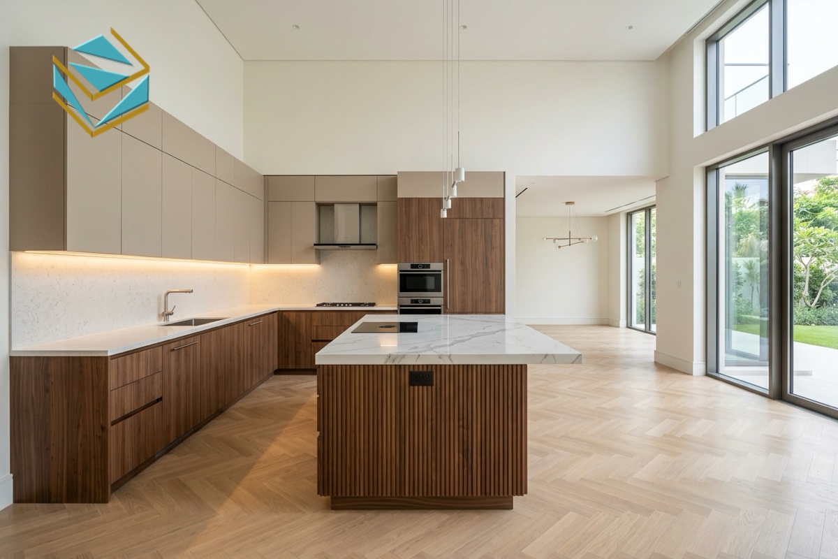 Tủ bếp chữ L có bàn đảo bếp gỗ MDF kháng ẩm hiện đại