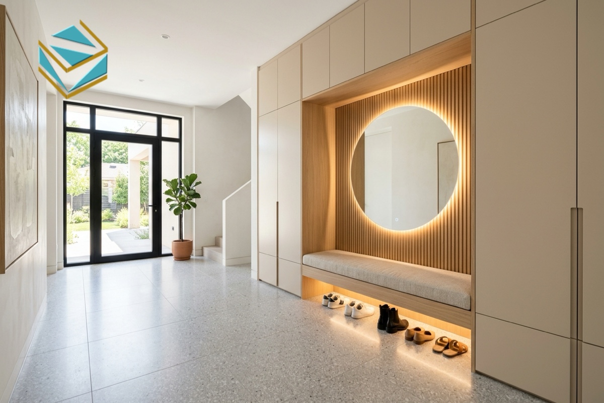 Tủ giày thông minh gỗ MDF có ghế ngồi và gương soi đèn LED