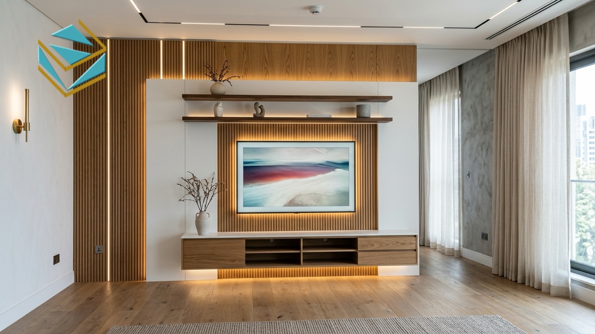 Kệ tivi phòng ngủ treo tường kết hợp vách ốp gỗ MDF hiện đại