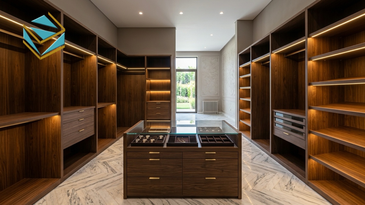 Mẫu phòng thay đồ walk-in closet có bàn đảo trang sức sang trọng