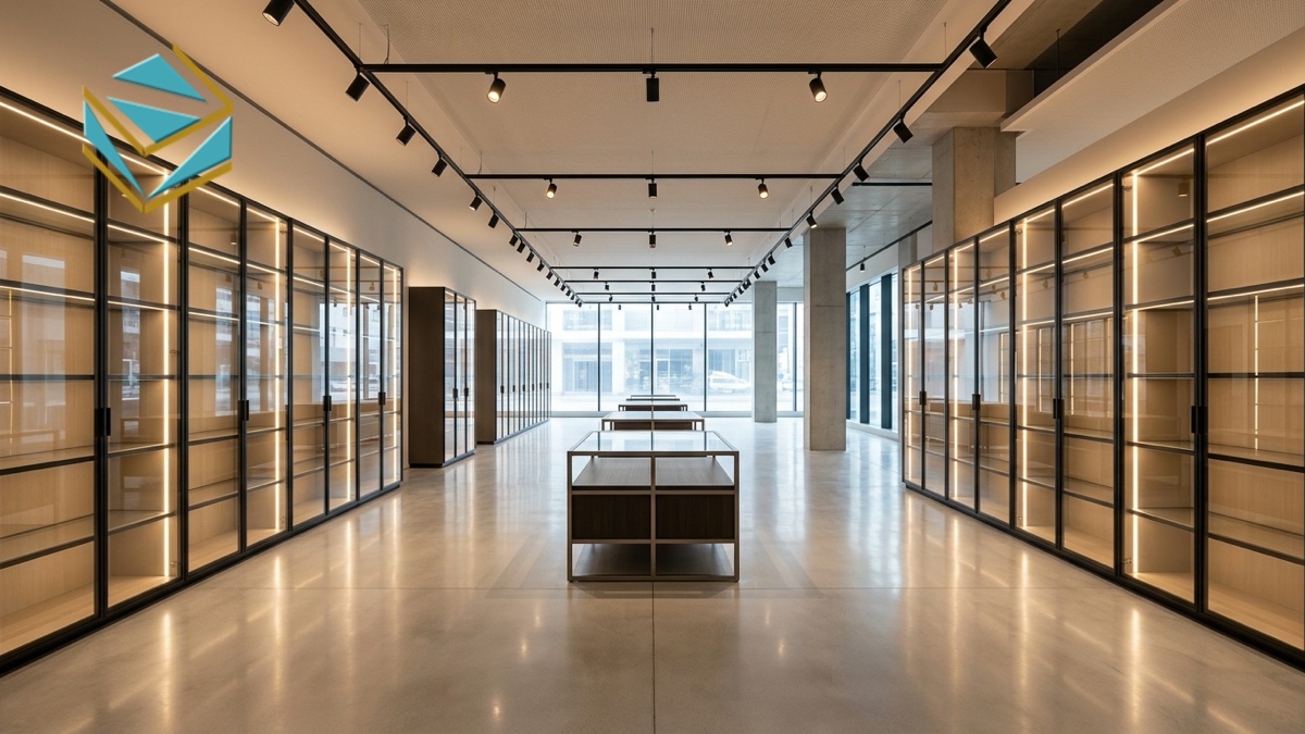 Mẫu showroom trưng bày sản phẩm hệ tủ cánh kính đèn LED