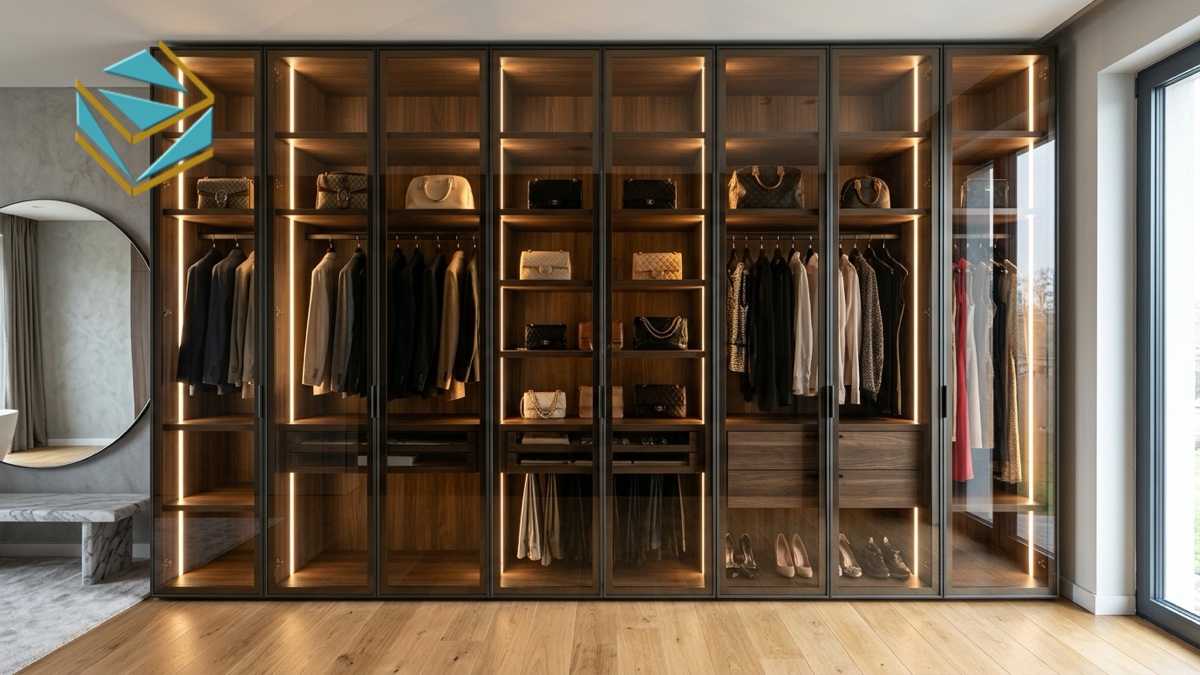 Hệ tủ quần áo cửa lùa hiện đại kết hợp vách kính và đèn led hắt sang trọng