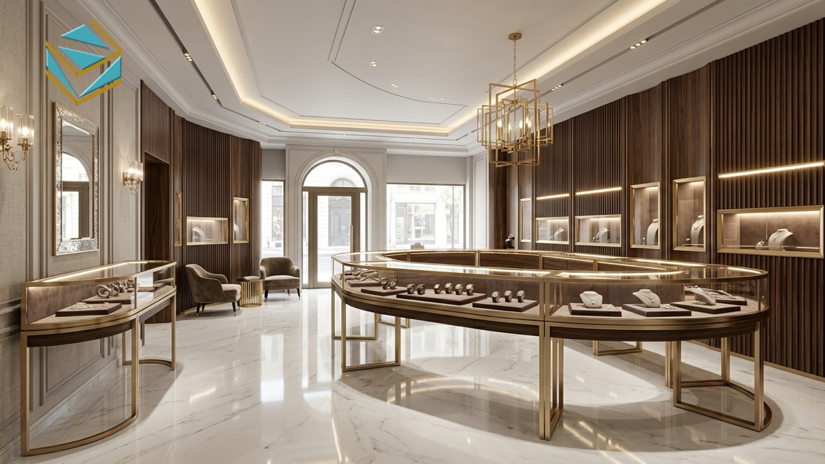 Mẫu tủ đảo uốn cong và hệ tủ tường showroom trang sức đồng hồ