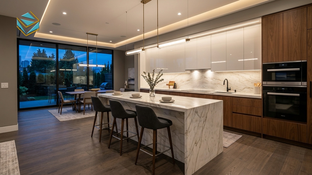 Mẫu tủ bếp Acrylic có bàn đảo ốp đá thác nước sang trọng - Nội Thất Nam Việt