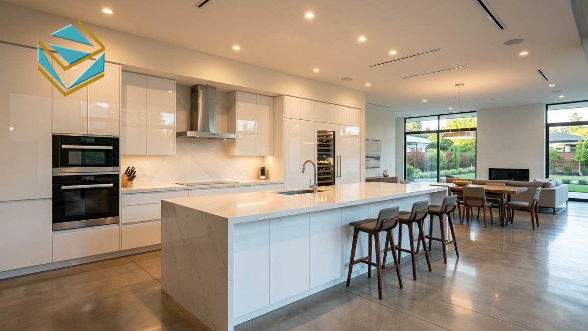 Không gian tủ bếp nhựa Picomat cánh Acrylic kết hợp bàn đảo bếp sang trọng