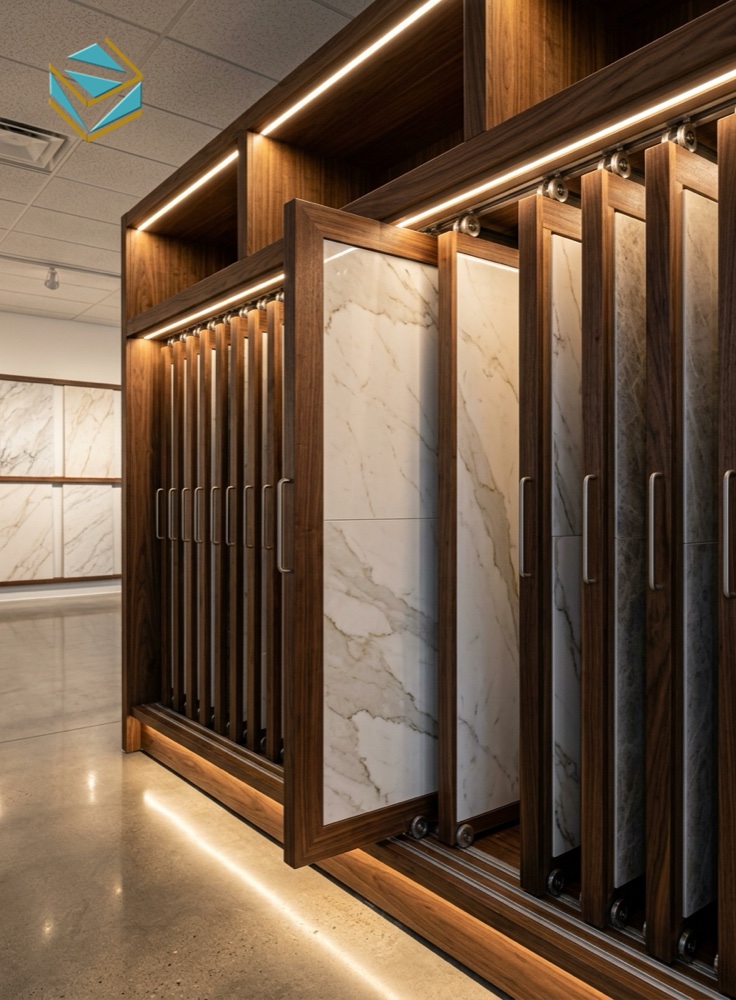 Chi tiết kệ kéo trượt gạch ốp lát khung gỗ MDF cao cấp