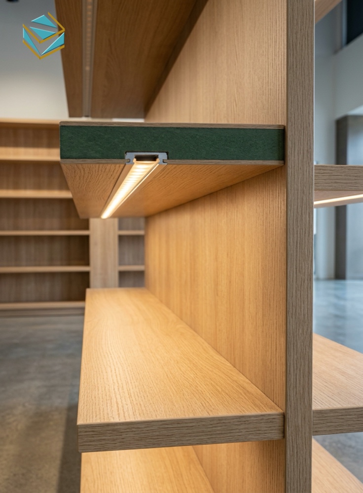 Chi tiết kệ trưng bày gỗ MDF kháng ẩm có khe đèn LED âm rãnh nhôm