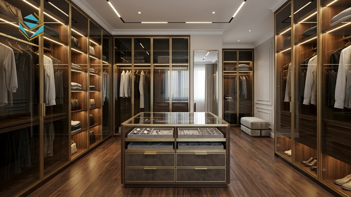 Phòng thay đồ walk in closet cánh kính kèm bàn đảo trang sức - Nội Thất Nam Việt