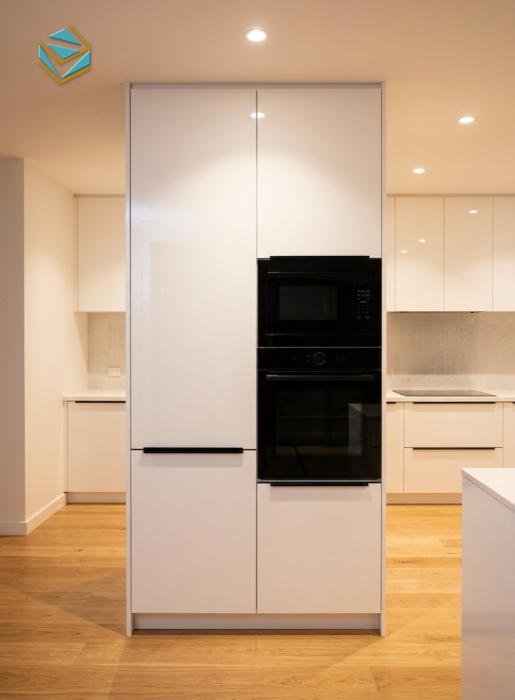 Tháp tủ kho kịch trần cánh Acrylic tích hợp lò nướng âm tủ - Nội Thất Nam Việt