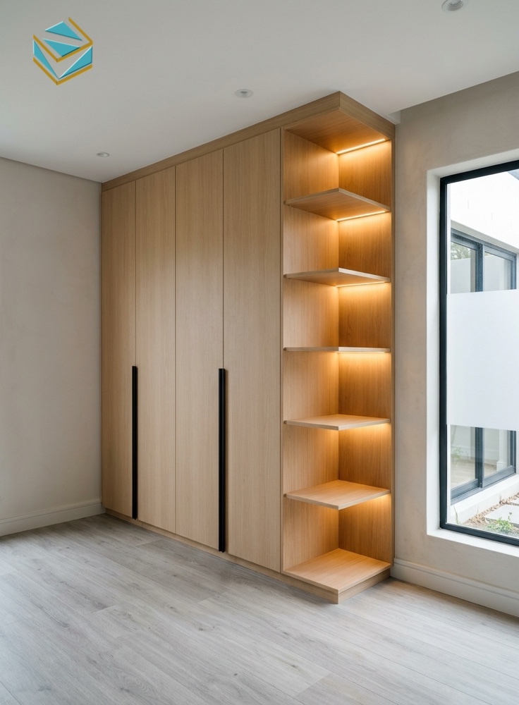Mẫu tủ quần áo MDF kịch trần thiết kế cánh lùa phối kệ góc trưng bày