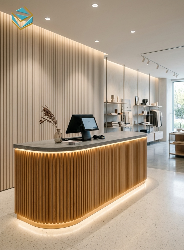 Chi tiết quầy thu ngân showroom bo cong ốp lam sóng hiện đại