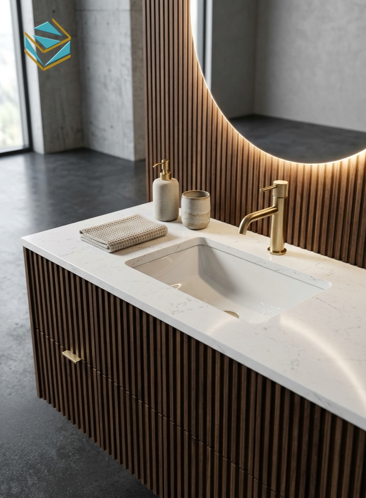 Chi tiết tủ lavabo nan lam sóng gỗ mặt đá nhân tạo
