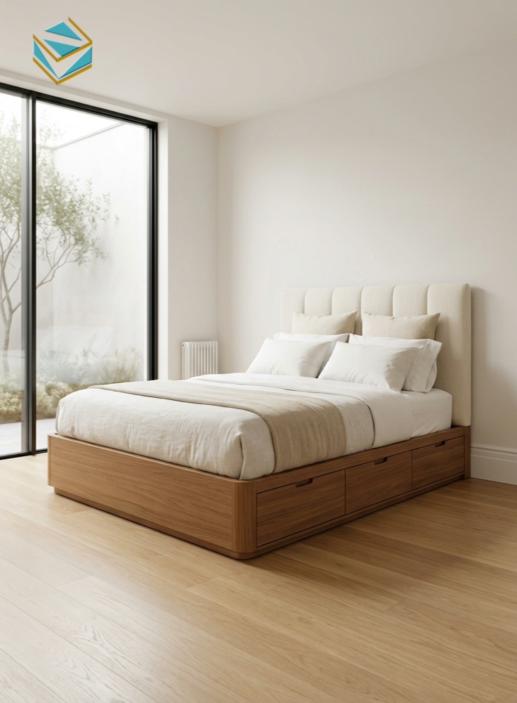 Mẫu giường ngủ MDF 3 hộc kéo bo góc an toàn
