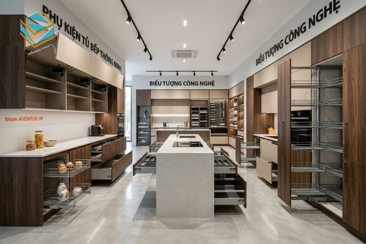 thiết kế thi công showroom phụ kiện tủ bếp thông minh trọn gói giá xưởng