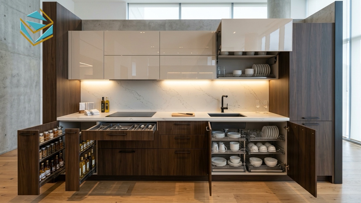 khu trưng bày phụ kiện bếp thông minh mockup thực tế tại showroom