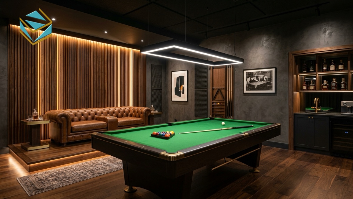 Khu vực bàn bida phòng VIP riêng tư bục ghế sofa da Chesterfield