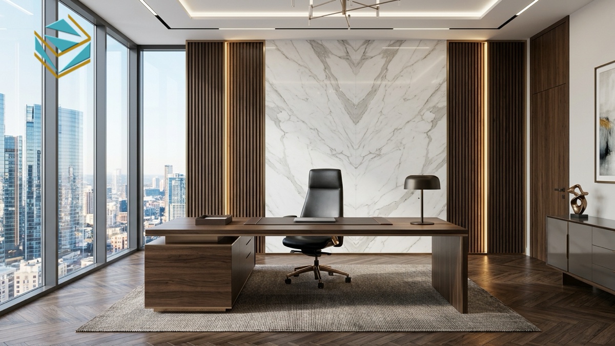 Khu vực bàn làm việc giám đốc chữ L và vách ốp backdrop đá cẩm thạch