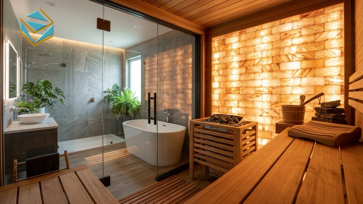 Khu vực cabin sauna khô kết hợp đá muối Himalaya và vách kính cường lực