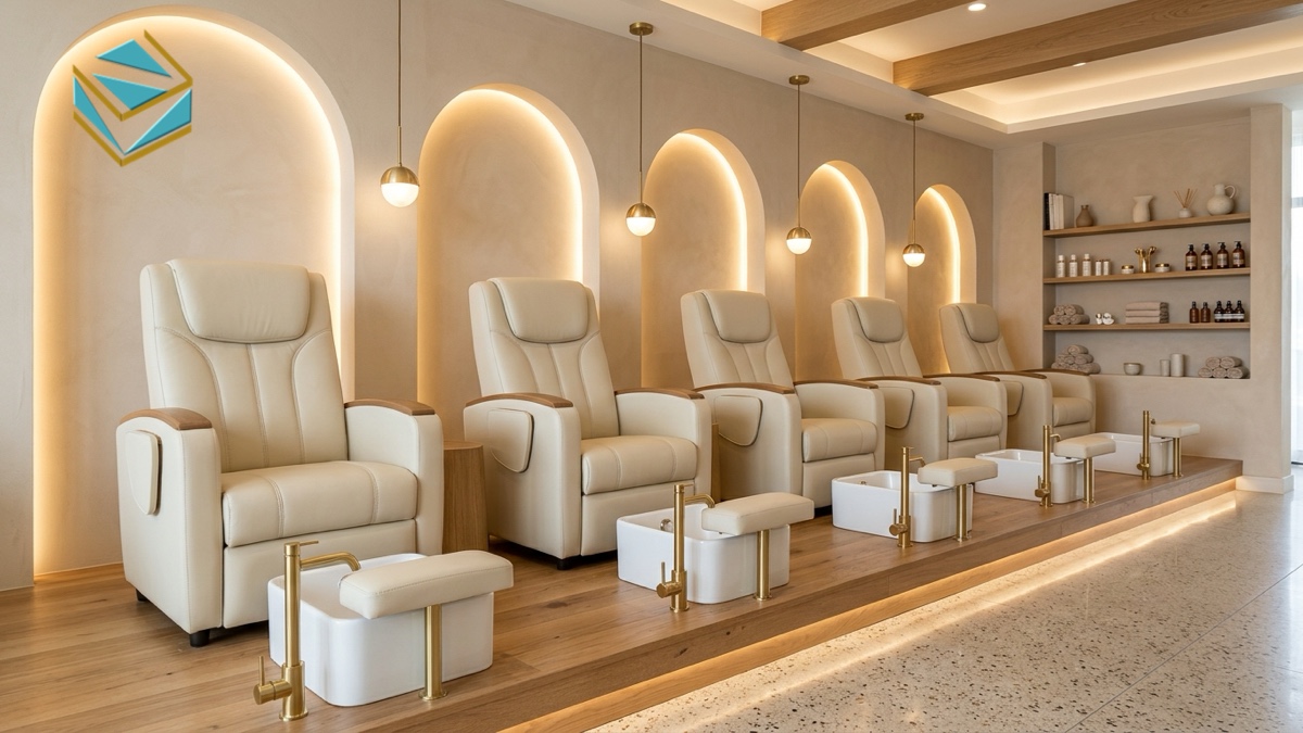 Khu vực ghế bục pedicure ngâm chân tích hợp bồn sứ cấp thoát nước thông minh